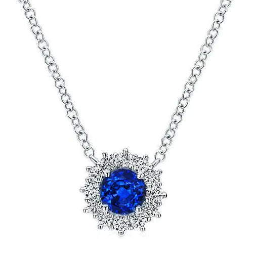 Sapphire Stone Halo Diamond Pendant Necklace