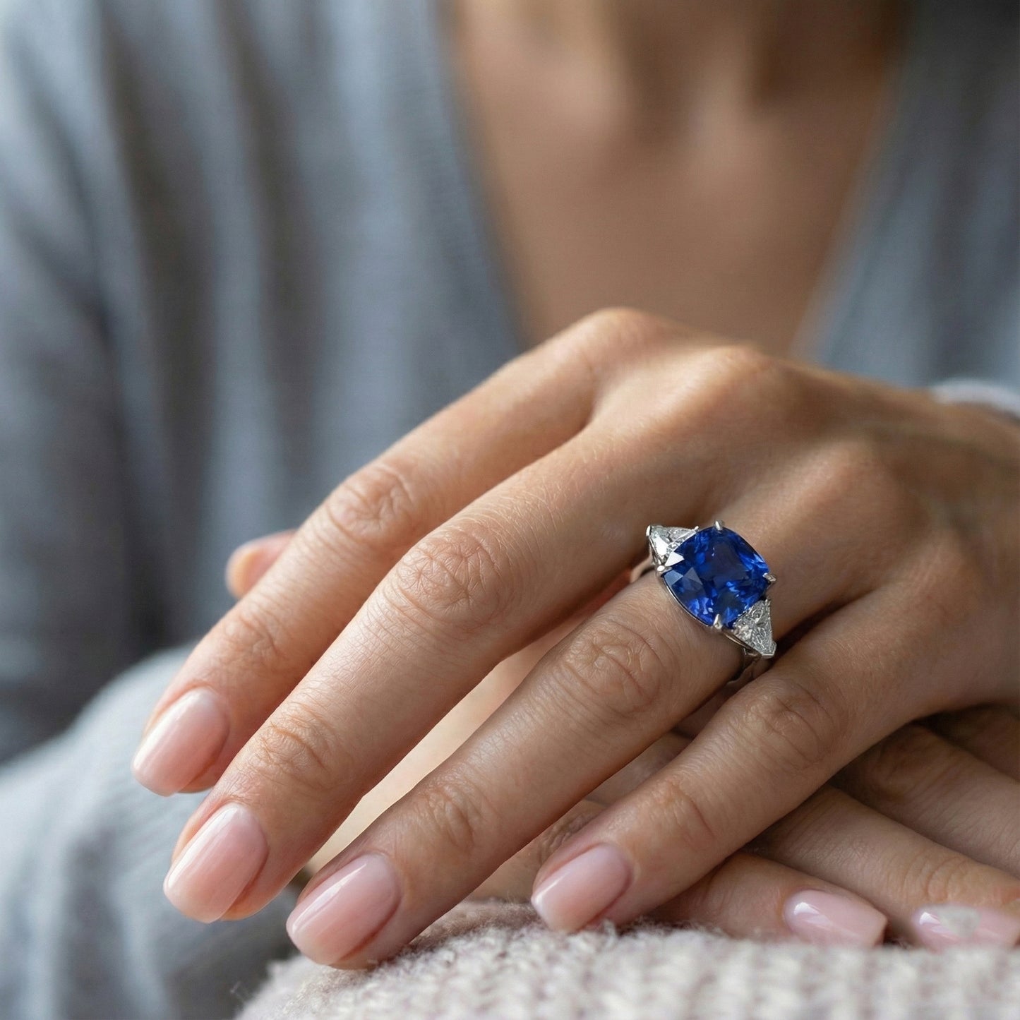 Sapphire 3 Stone Ring With Trillion Natural Earth Mined Diamonds