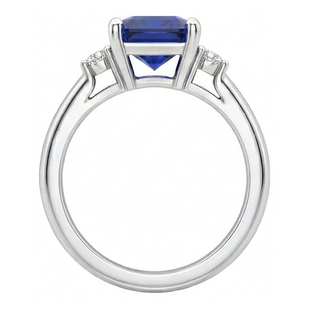 Small Round Natural Earth Mined Diamond 3 Stone Blue Sapphire Ring Asscher Cut 2.75 Carats