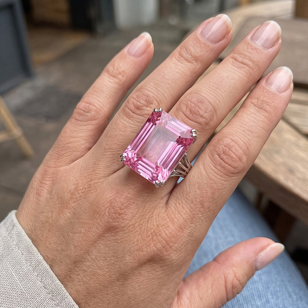 Solitaire Asscher Cut 18 CT Pink Kunzite Wedding Ring White Gold