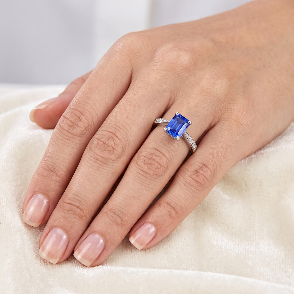 Solitaire Emerald Blue Sapphire Ring With Natural Earth Mined Diamond Accents 2.50 Carats