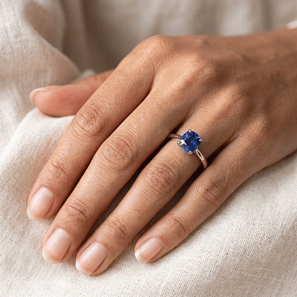 Solitaire Oval Natural Blue Sapphire Ring 2 Carats 14K White Gold