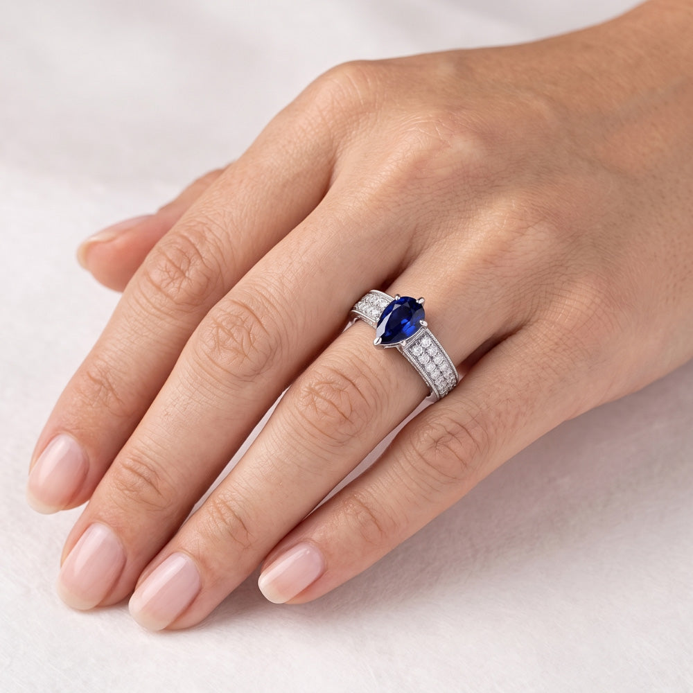Solitaire Pear Blue Sapphire Ring With Natural Earth Mined Diamond Accents 3 Carats