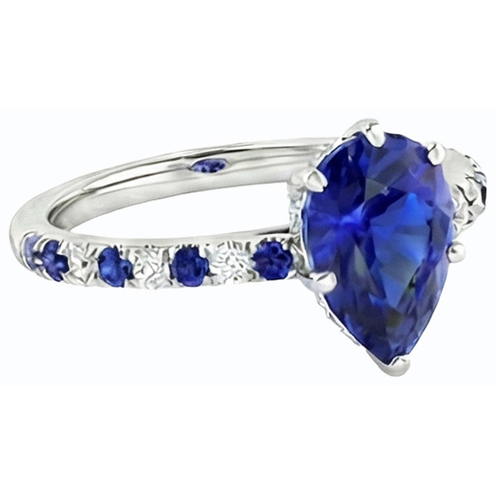 Solitaire Pear Cut Ring With Blue Sapphire & Natural Earth Mined Diamond Accents 2.50 Carats