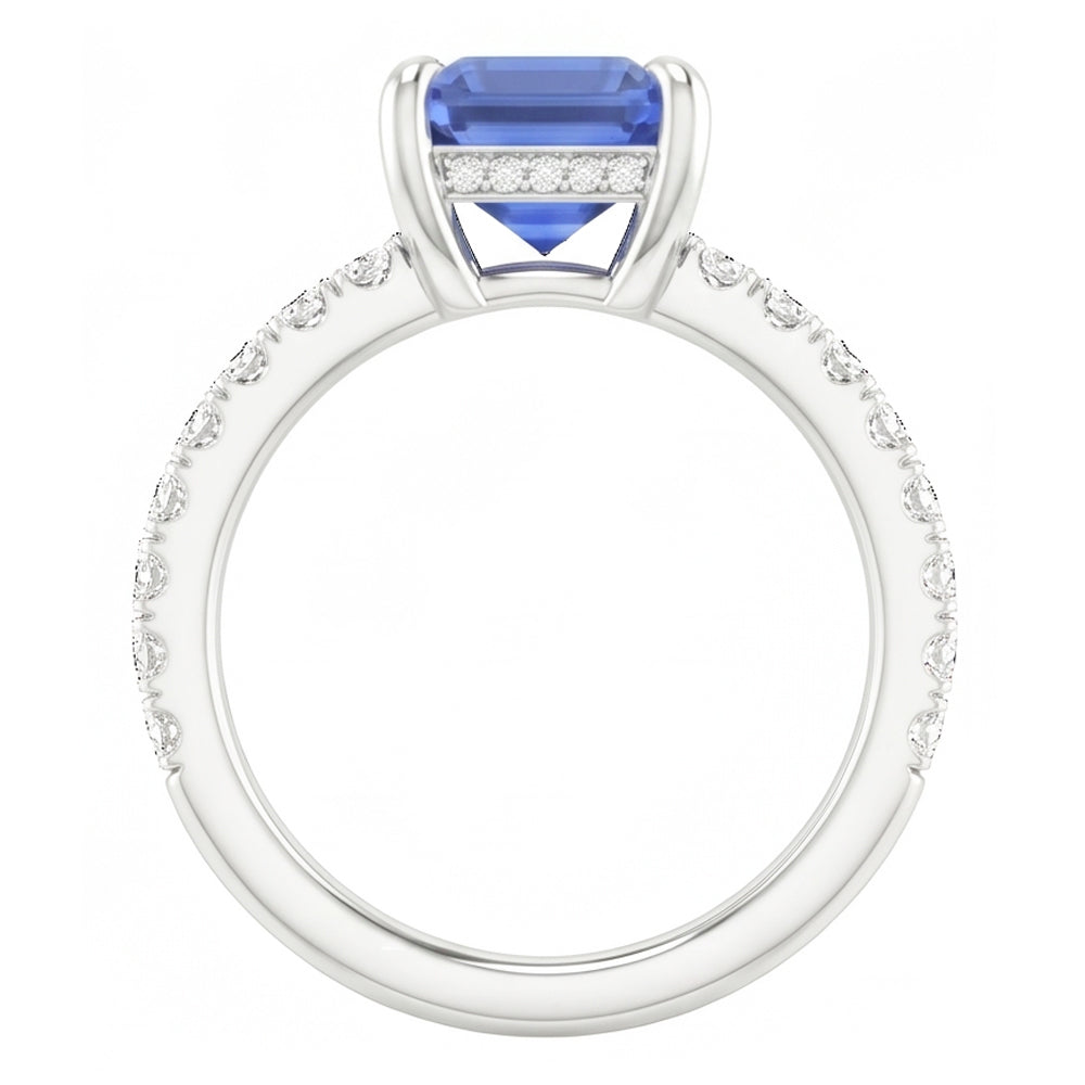 Solitaire With Accents Pave Set Ring Blue Sapphire & Natural Earth Mined Diamonds 3 Carats