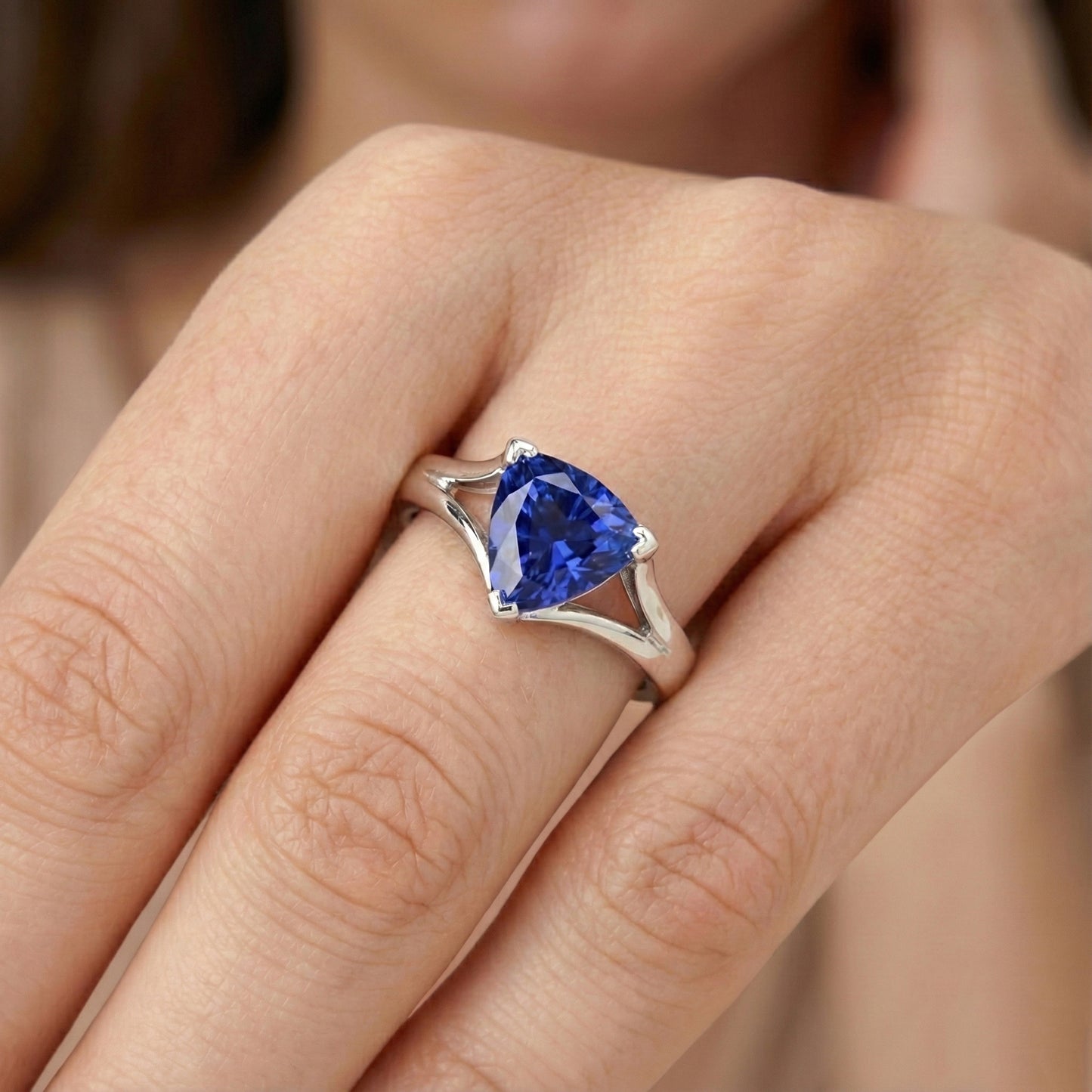 Natural Real ( Not Lab Grown ) Solitaire Trillion Sapphire Ring V Prong Split Shank 1.50 Carats
