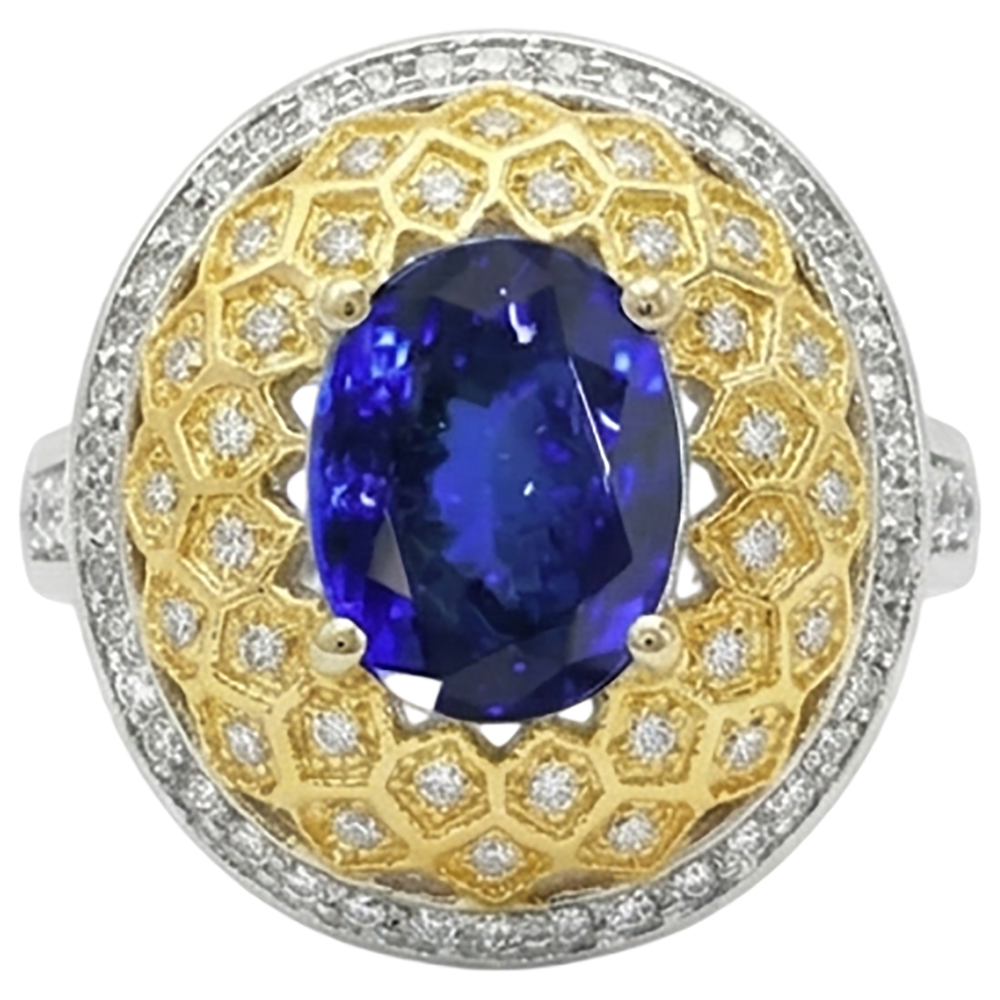 Sparkling 3.11 Ct Oval Tanzanite Natural Earth Mined Diamonds Ring Two Tone Gold