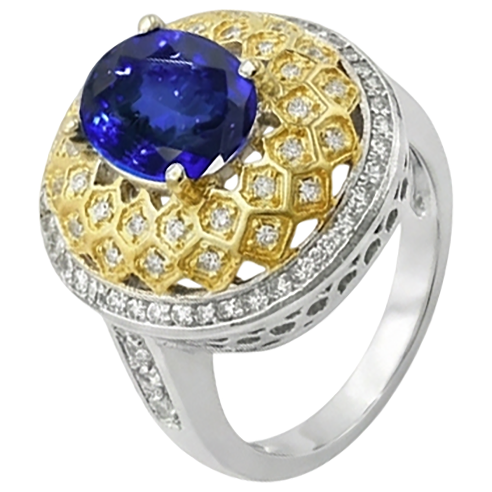 Sparkling 3.11 Ct Oval Tanzanite Natural Earth Mined Diamonds Ring Two Tone Gold