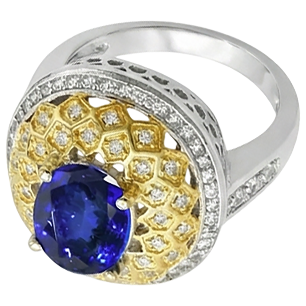Sparkling 3.11 Ct Oval Tanzanite Natural Earth Mined Diamonds Ring Two Tone Gold