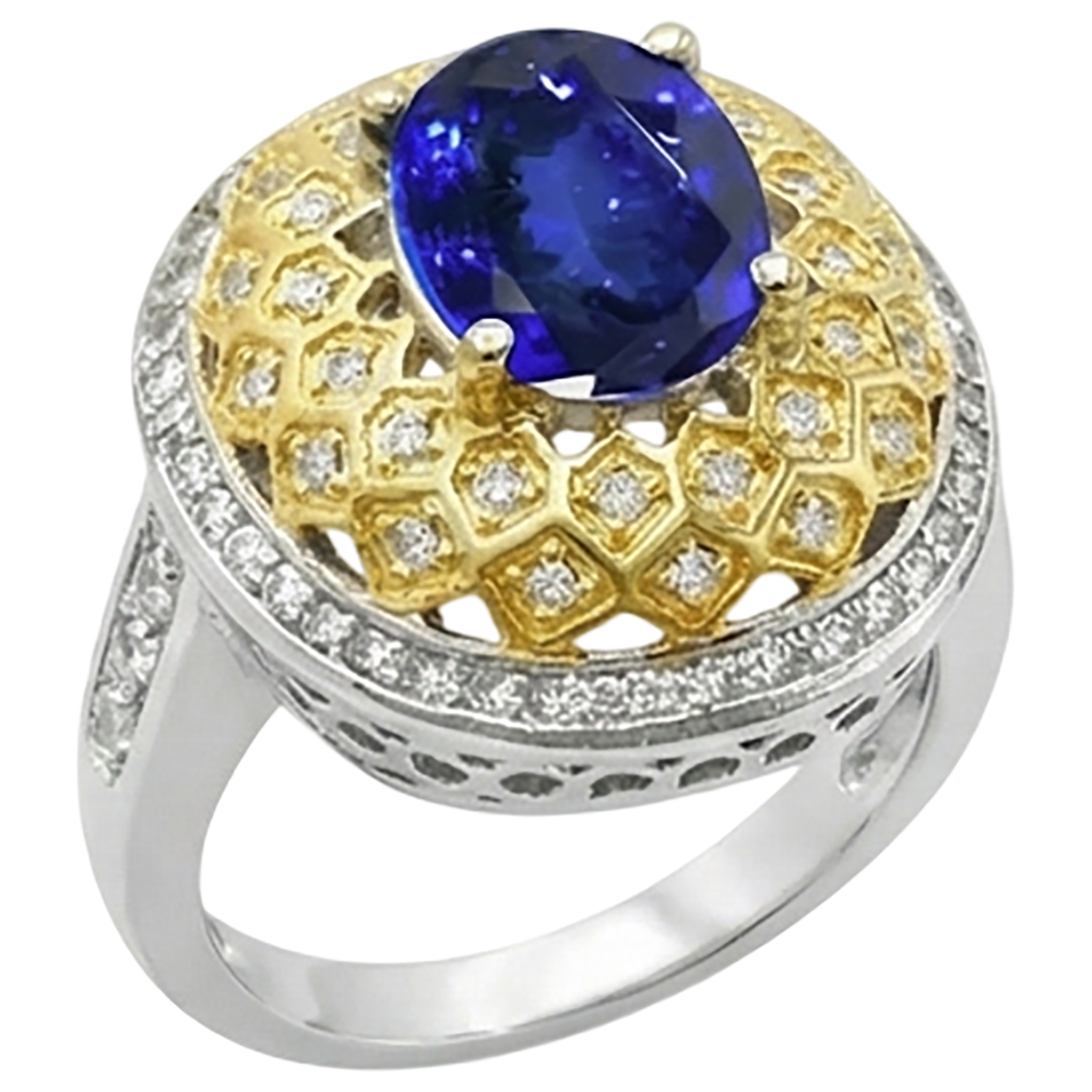 Sparkling 3.11 Ct Oval Tanzanite Natural Earth Mined Diamonds Ring Two Tone Gold