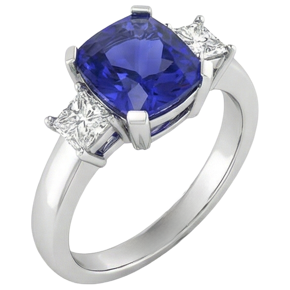 Sparkling 4.01 Carats Tanzanite Cushion And Natural Earth Mined Diamond Anniversary Ring