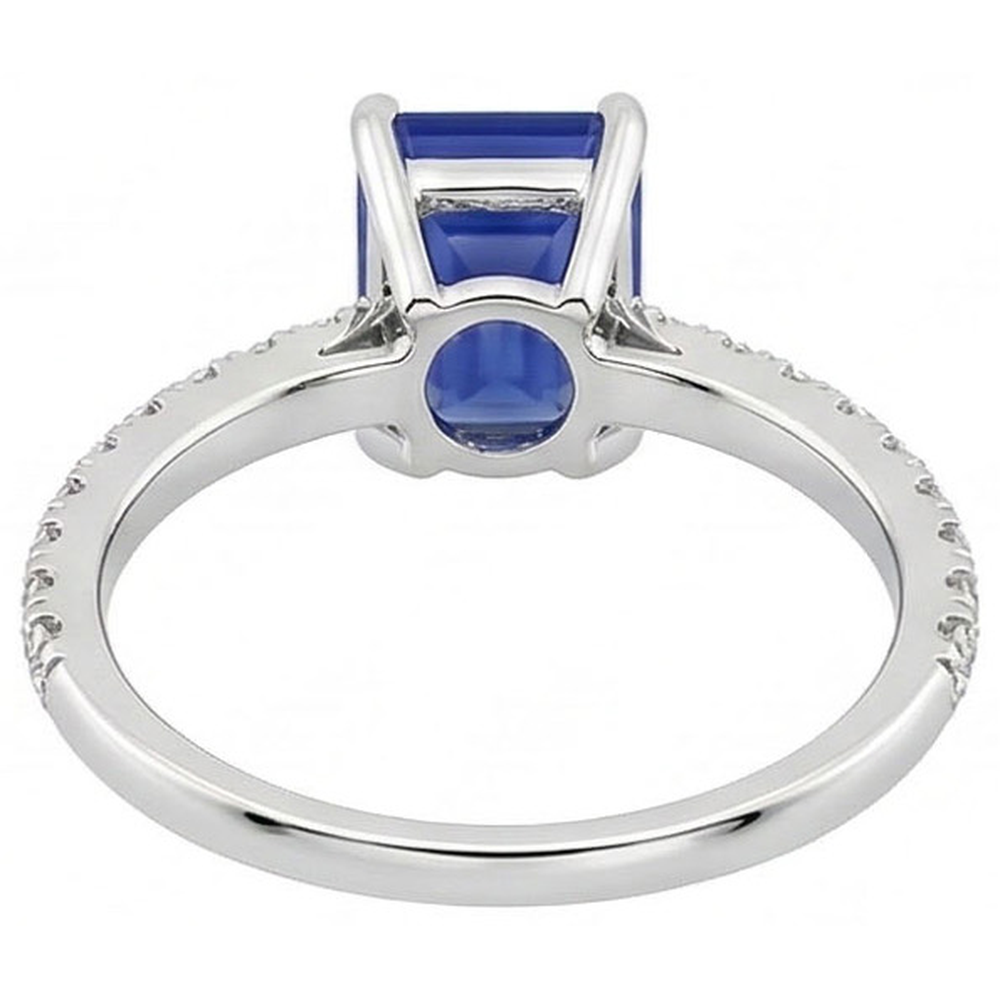 Sparkling Natural Earth Mined Diamond Ring Emerald Cut Srilankan Sapphire 2 Carats Prongs
