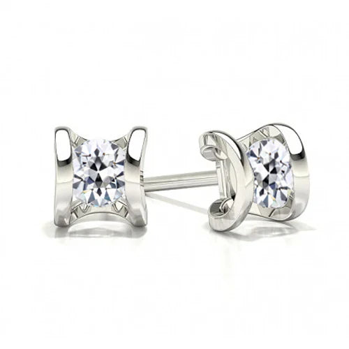 Square Stud Earth Mined Diamond Earrings 2 Ct Round Old Miner White Gold