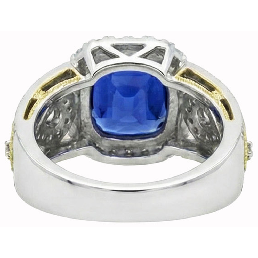 Sri Lanka Blue Sapphire Cushion Natural Earth Mined Diamonds Ring 3.25 Carats Two Tone 14K