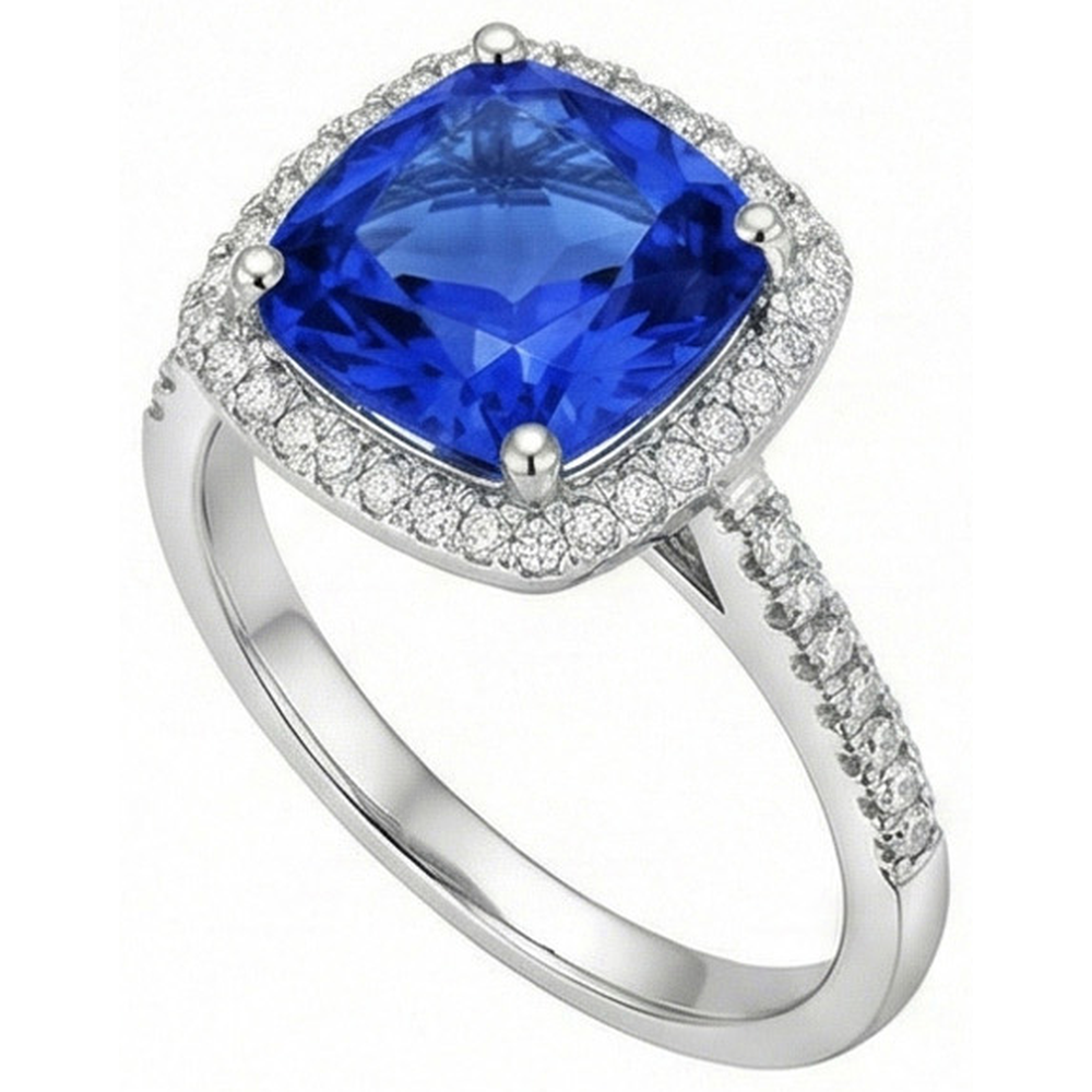 Sri Lanka Blue Sapphire Natural Earth Mined Diamonds 3.30 Ct Ring White Gold 14K
