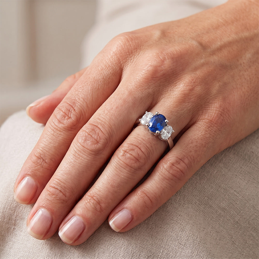 Sri Lankan Blue Sapphire & Natural Earth Mined Diamond Ring 3 Stone 2.60 Carat WG 14K