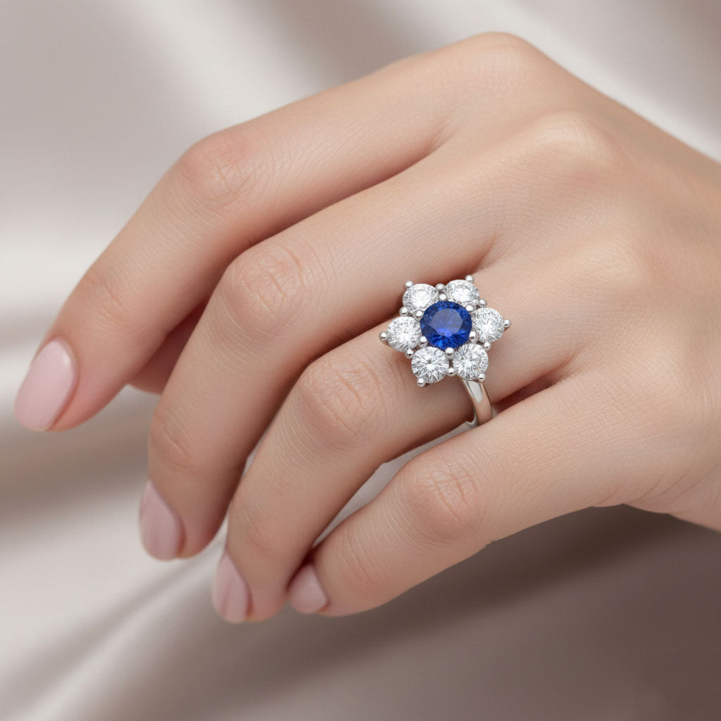 Sri Lankan Sapphire Round Natural Earth Mined Diamond Ring 4 Carats White Gold 14K