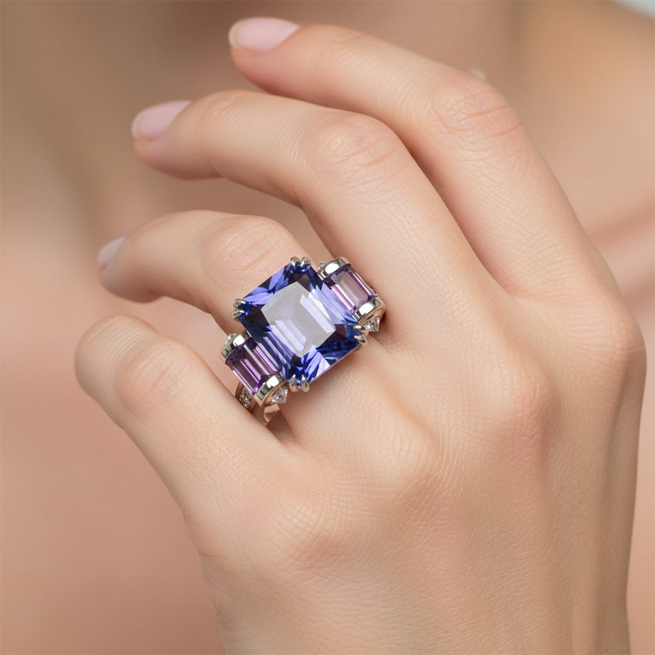 Sri Lankan Sapphire Amethyst And Natural Earth Mined Diamonds 8 Carat Ring 14K Jewelry