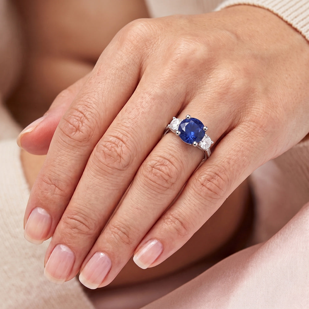 Srilanka Sapphire Natural Earth Mined Diamond Round Cut Ring 3.50 Carats White Gold 14K