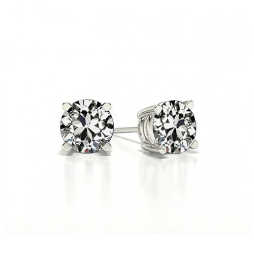 Stud Earrings Old Round Natural Diamond 2 Carats White Gold