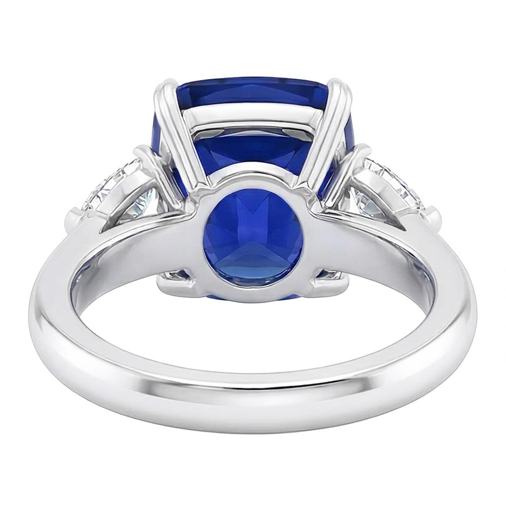 Three Stone Cushion Blue Sapphire Ring & Pear Natural Earth Mined Diamonds 4 Carats
