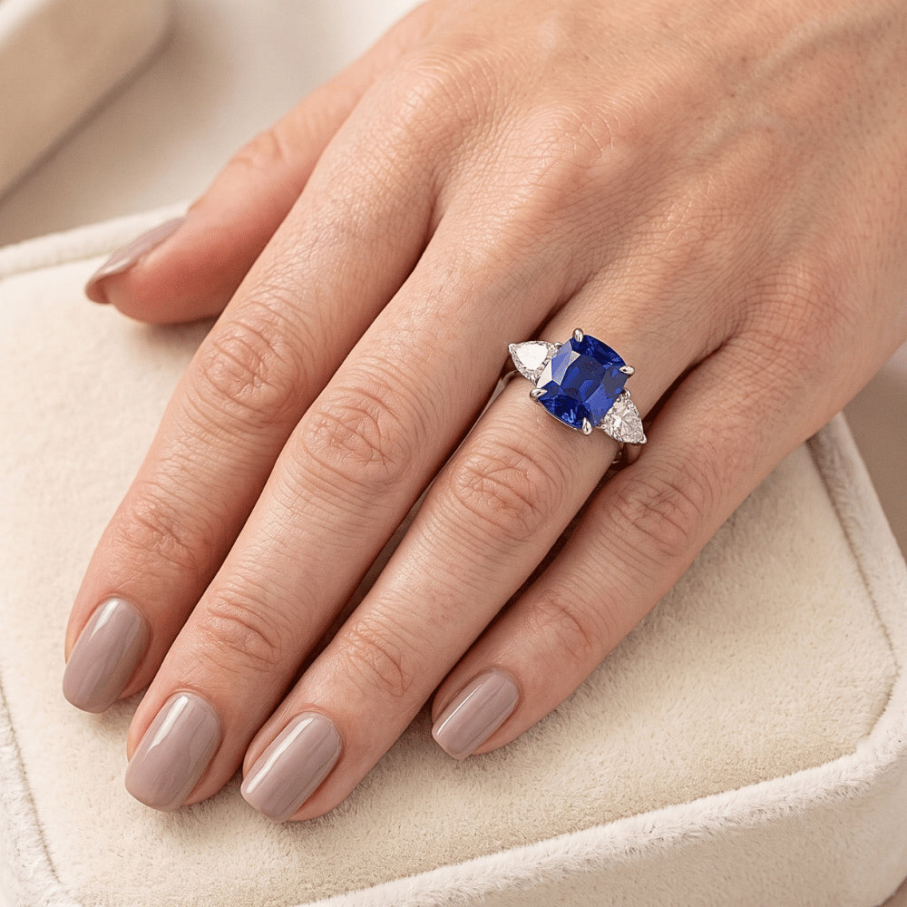 Three Stone Cushion Blue Sapphire Ring & Pear Natural Earth Mined Diamonds 4 Carats