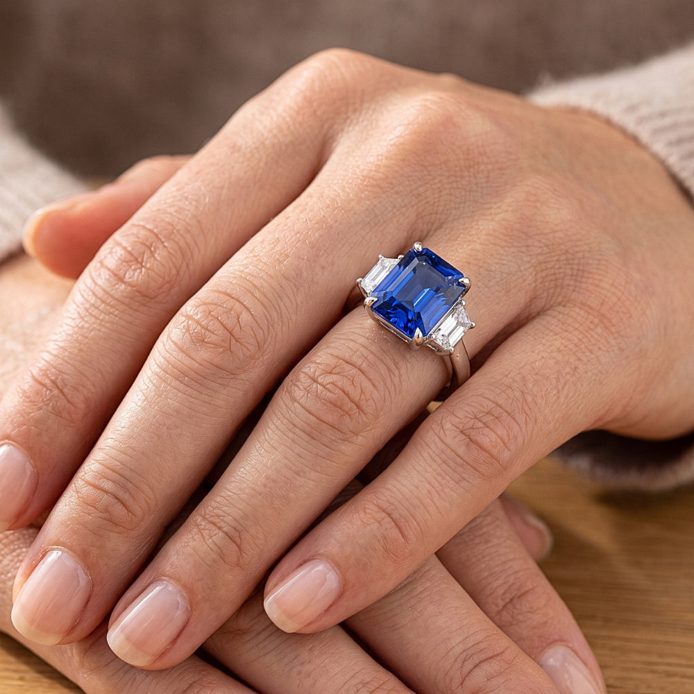 Three Stone Gemstone Sapphire Ring With Radiant Natural Earth Mined Diamonds 3.50 Carats