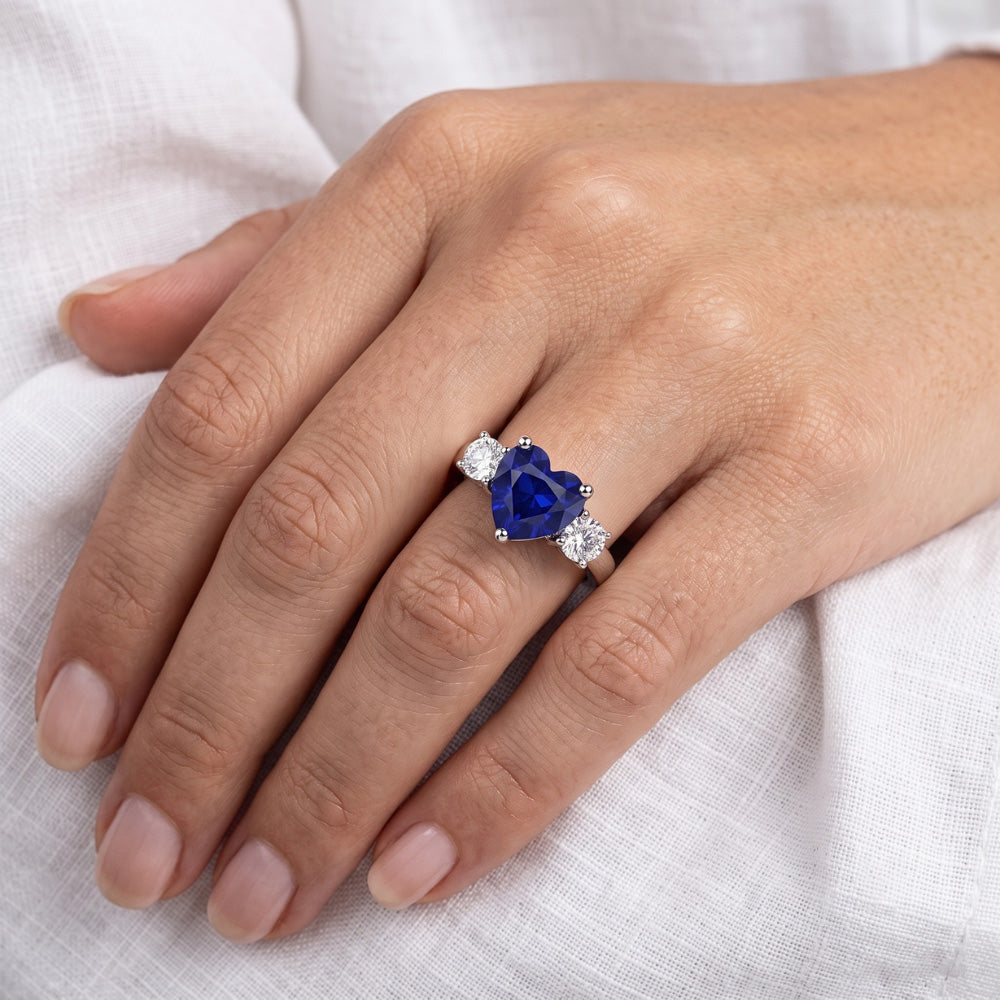 Three Stone Heart Blue Sapphire Ring & Round Natural Earth Mined Diamonds 2.50 Carats