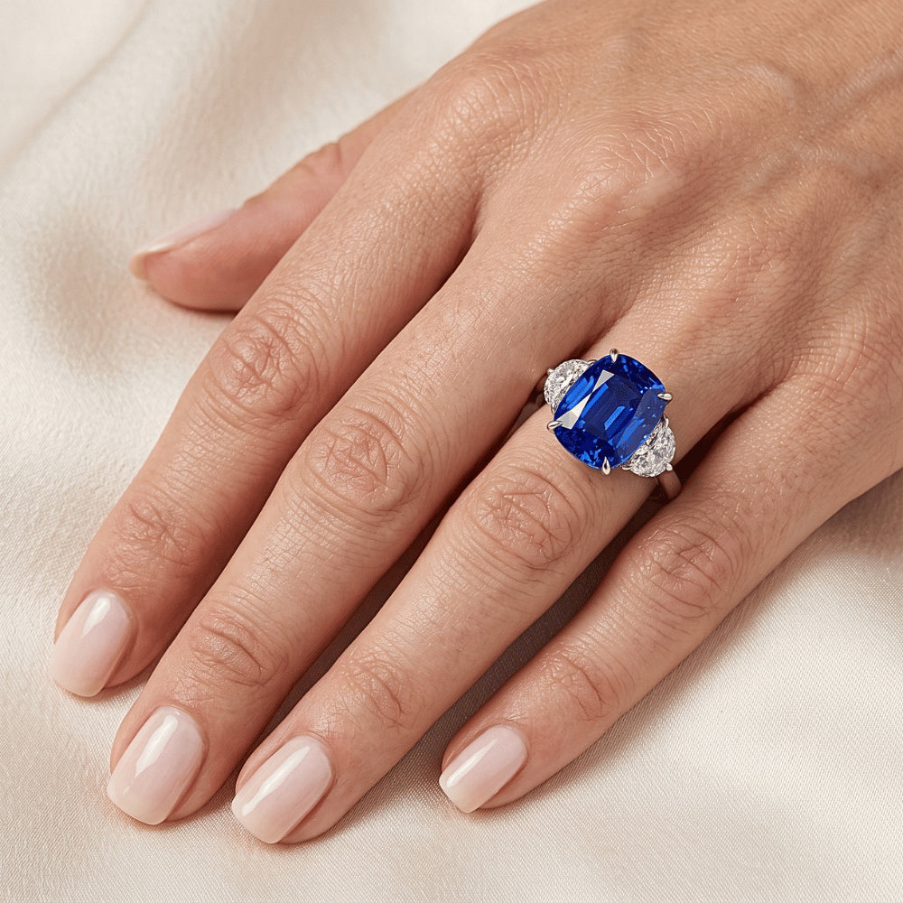 Three Stone Oval Blue Sapphire Ring 4.50 Carats Half Moon Natural Earth Mined Diamonds