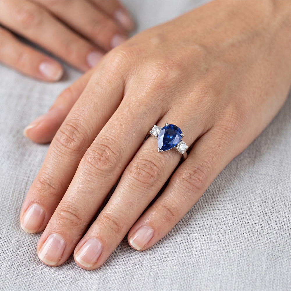 Three Stone Pear Blue Sapphire And Natural Earth Mined Diamond Engagement Ring 4.20 Ct.