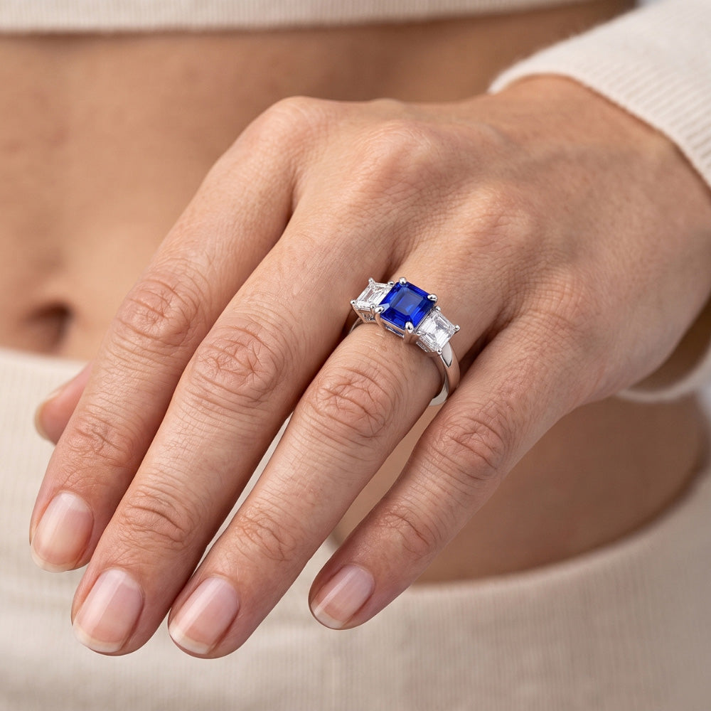 Three Stone Ring Asscher Ceylon Sapphire & Natural Earth Mined Diamonds 2.50 Carats