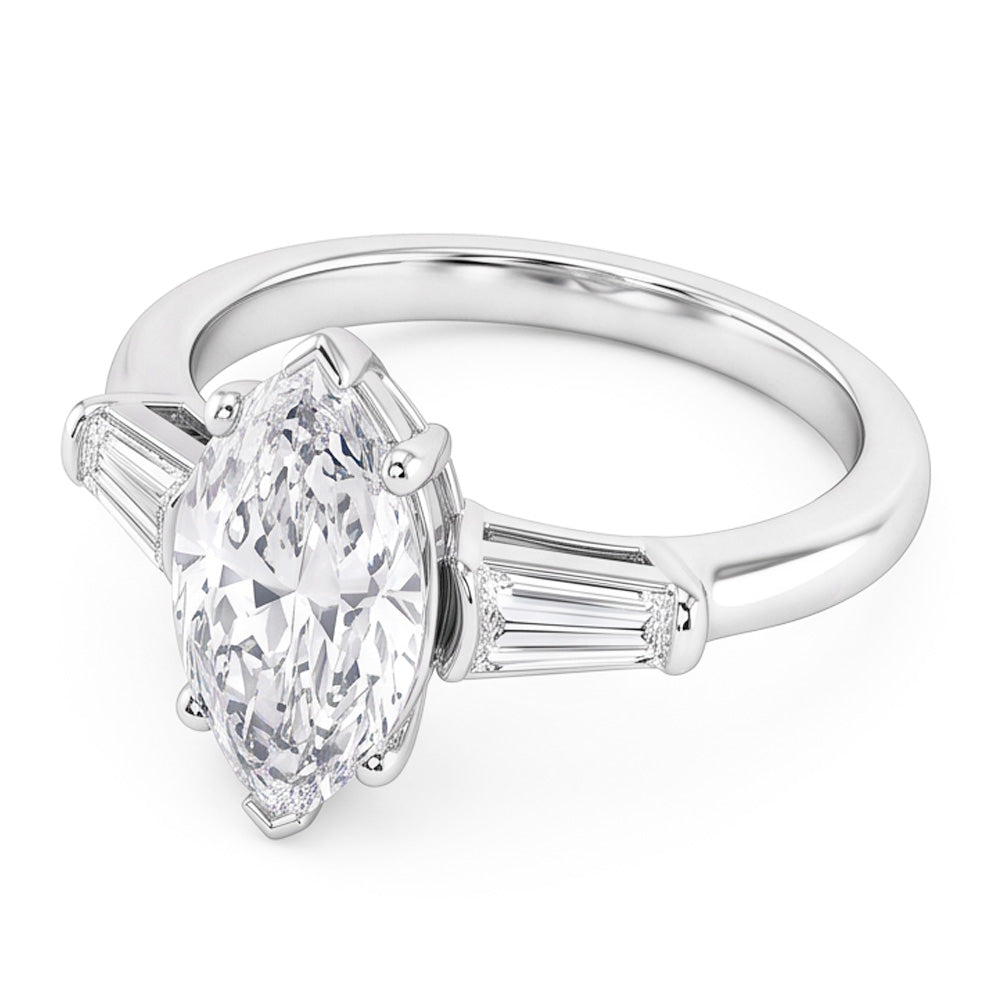 Three Stone Ring Baguette & Marquise Old Mine Cut Natural Real Diamond ( Not Lab Grown ) 4.50 Carats