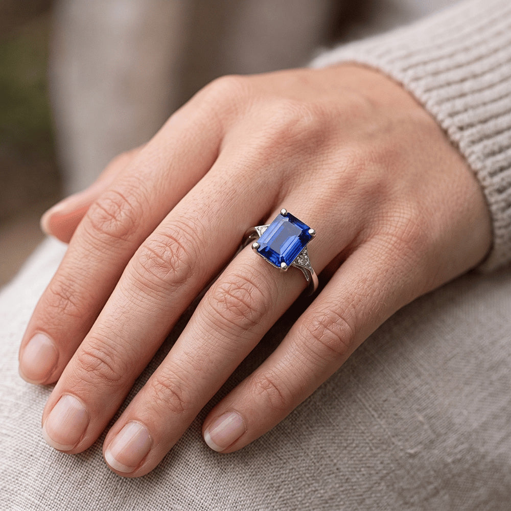 Three Stone Ring Emerald Sri Lankan Sapphire & Natural Earth Mined Diamond 3.50 Carats