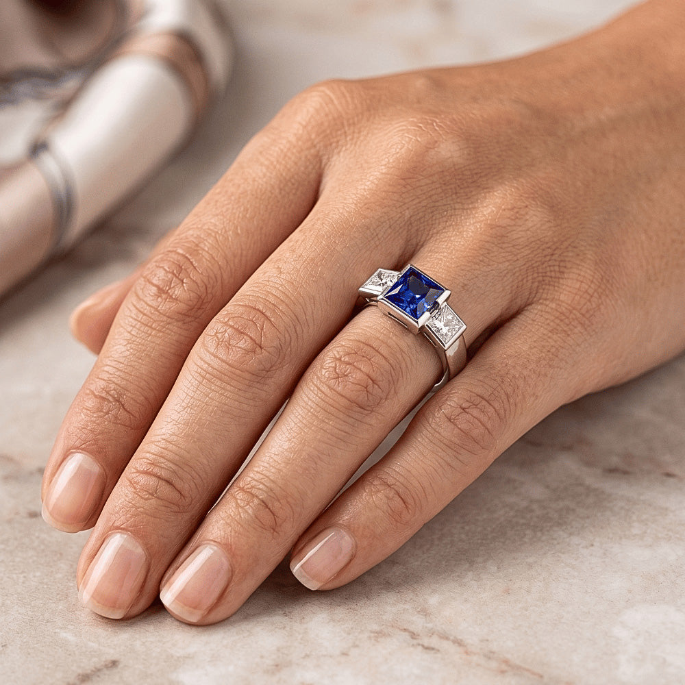 Three Stone Ring Princess Natural Earth Mined Diamond & Ceylon Sapphire Jewelry 2 Carats