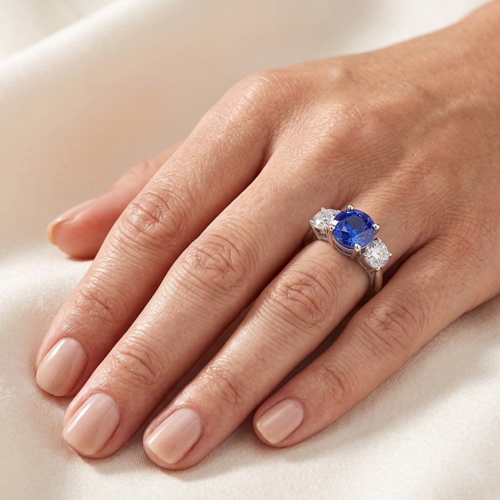 Three Stone Round Blue Sapphire & Natural Earth Mined Diamond Ring 2.50 Carats Gold 14K