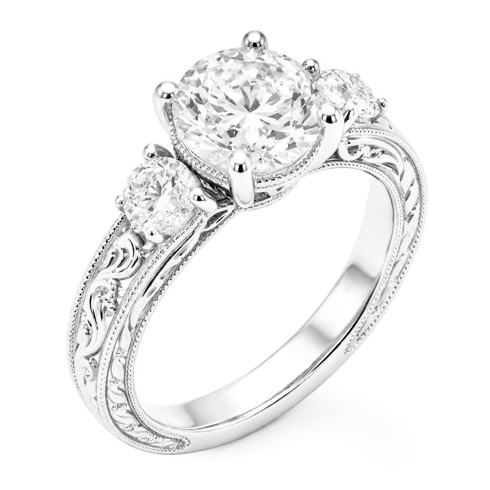 Three Stone Round Old Cut Vintage Style Anniversary Ring 3 Carats Genuine Natural Real Diamond ( Not Lab Grown )