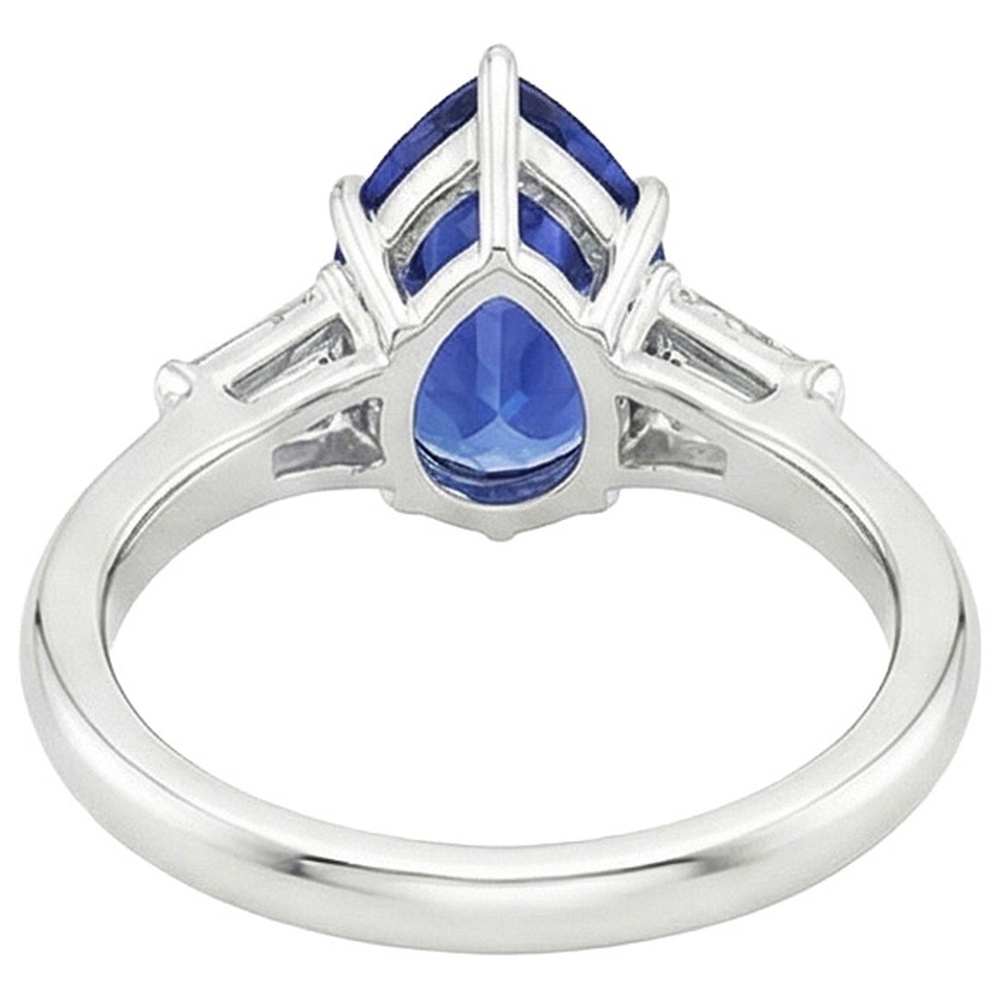 Three Stones Ring Pear Blue Sapphire & Baguette Natural Earth Mined Diamonds 3 Carats