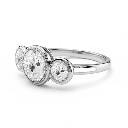 Three Stone Round Bezel Set Natural Earth Mined Diamond Ring Old European 1.75 Carats