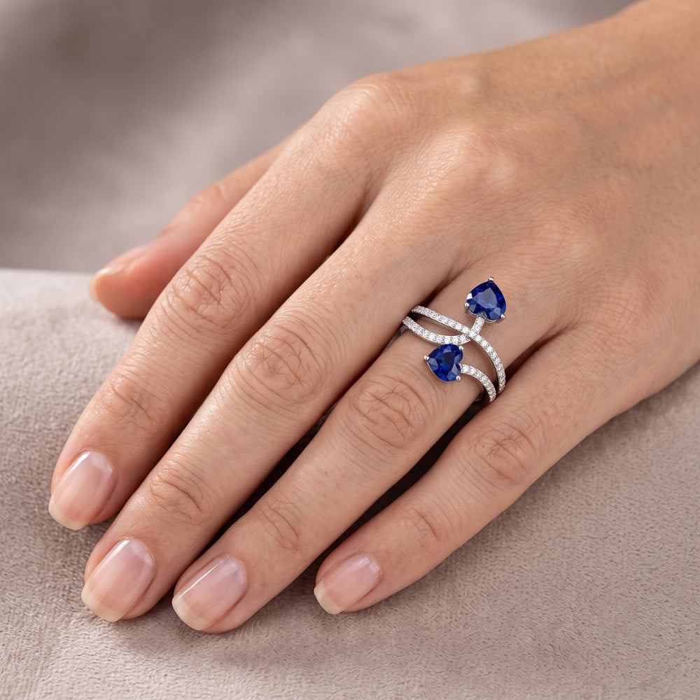 Toi et Moi Natural Earth Mined Diamond Heart Blue Sapphire Ring Twisted Shank 3.50 Carats