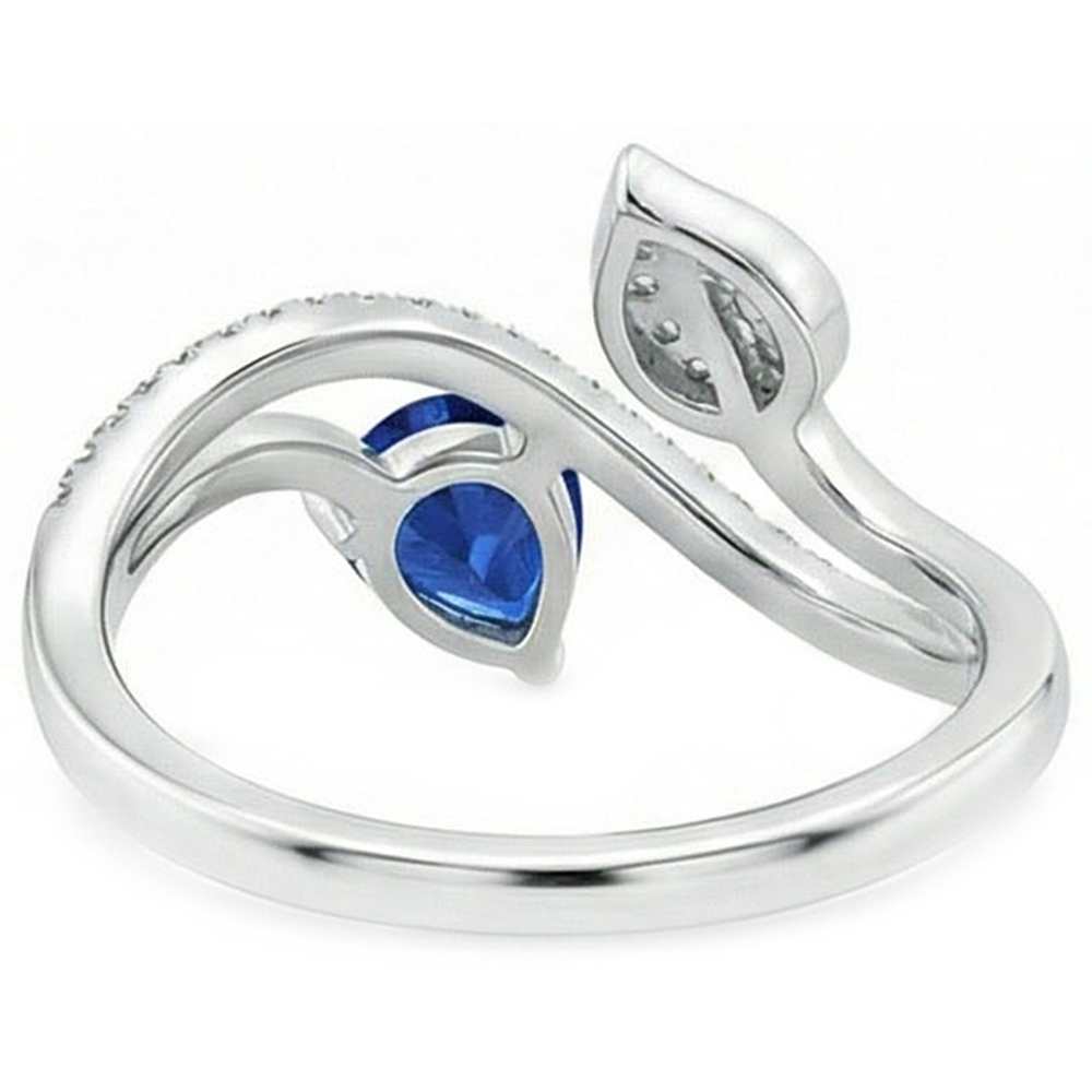 Toi et Moi Natural Earth Mined Diamond Women’s Ring Pear Blue Sapphire 4 Carats Leaf Style