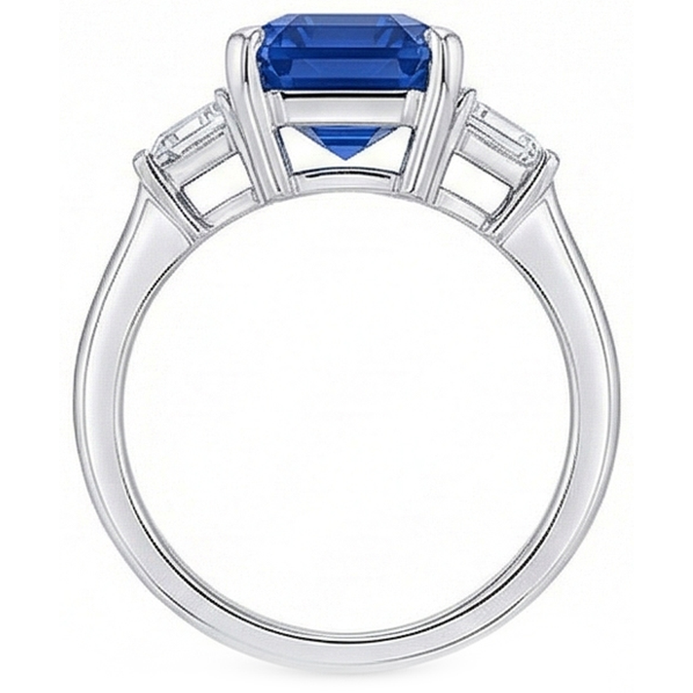 Trapezoid Natural Earth Mined Diamond 3 Stone Ring 3.50 Carats Emerald Srilankan Sapphire