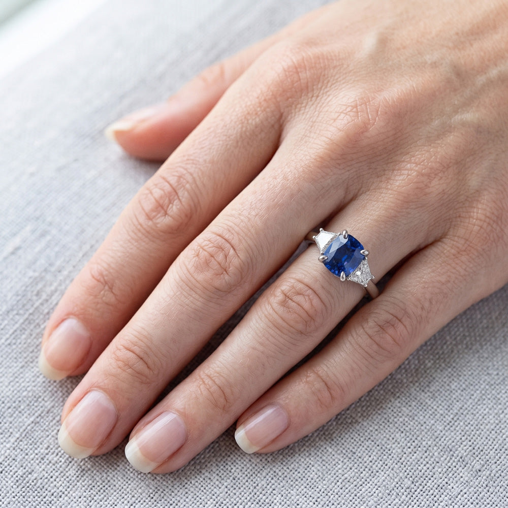 Trapezoid Natural Earth Mined Diamond & Cushion Blue Sapphire 3 Stone Ring 2.50 Carats