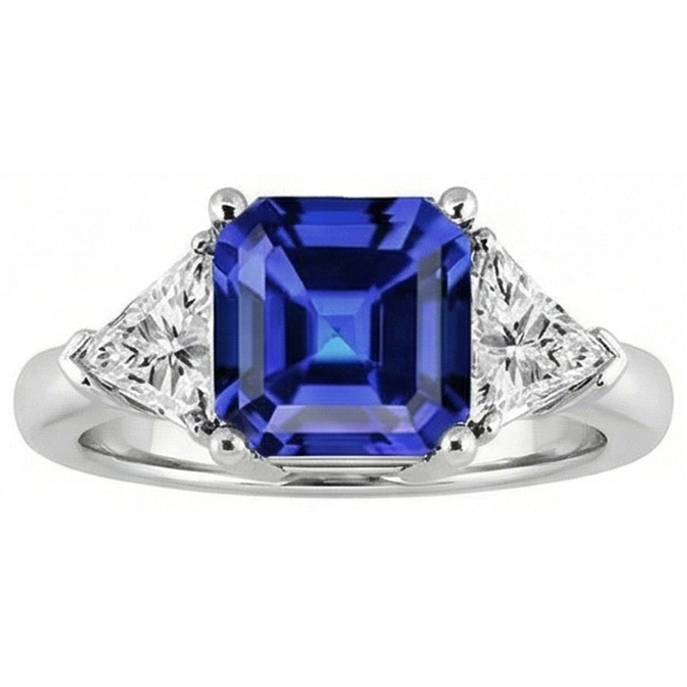 Trilliant Natural Earth Mined Diamond Sapphire Asscher Cut Ring