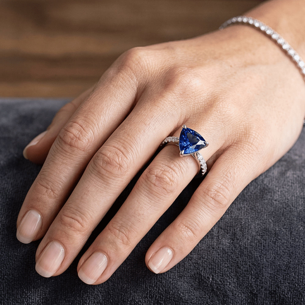 Trillion Sapphire Engagement Ring Prong Set Round Natural Earth Mined Diamonds 3 Carats