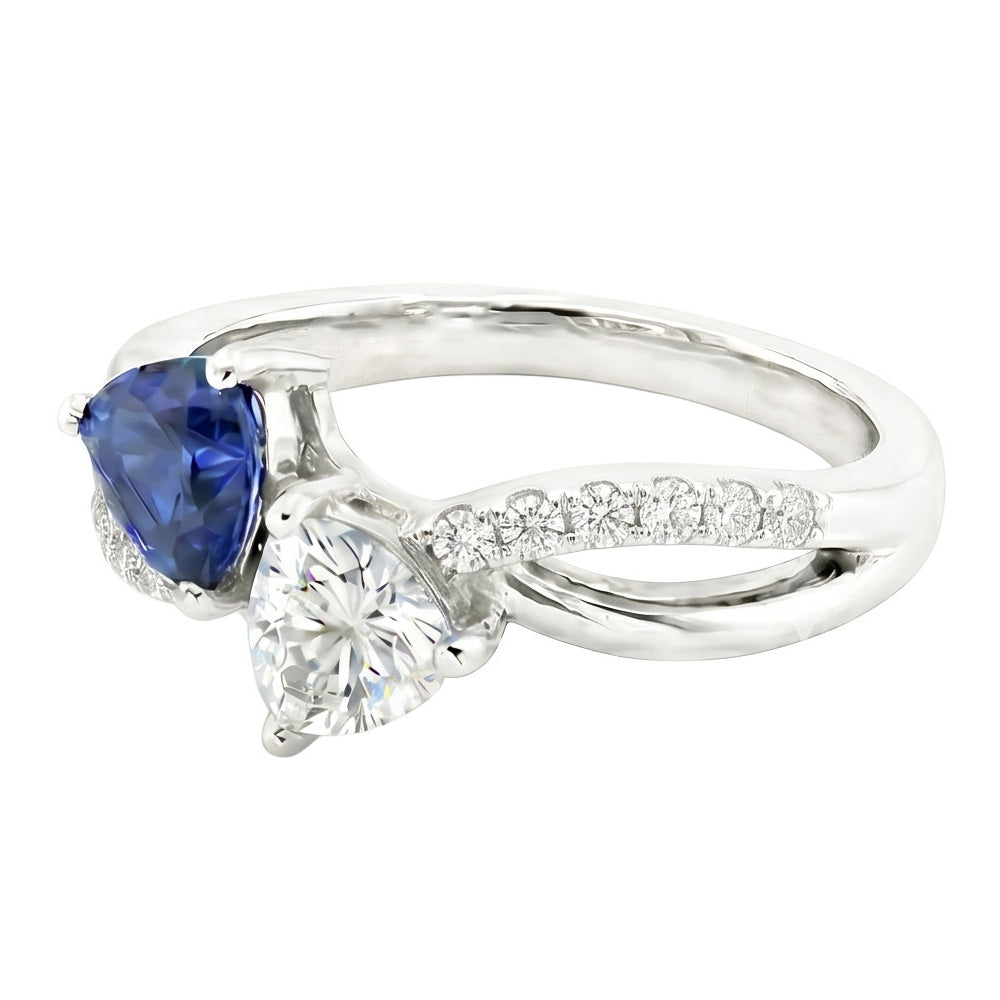 Trillion & Round Natural Earth Mined Diamond Ring Blue Sapphire 2.50 Carats Split Shank