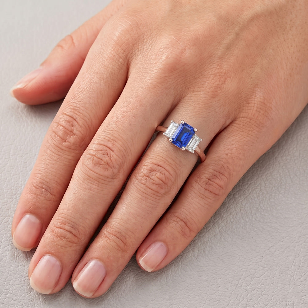 Two Tone 3 Stone Natural Earth Mined Diamond Radiant Sapphire Gemstone Ring 1.50 Carats