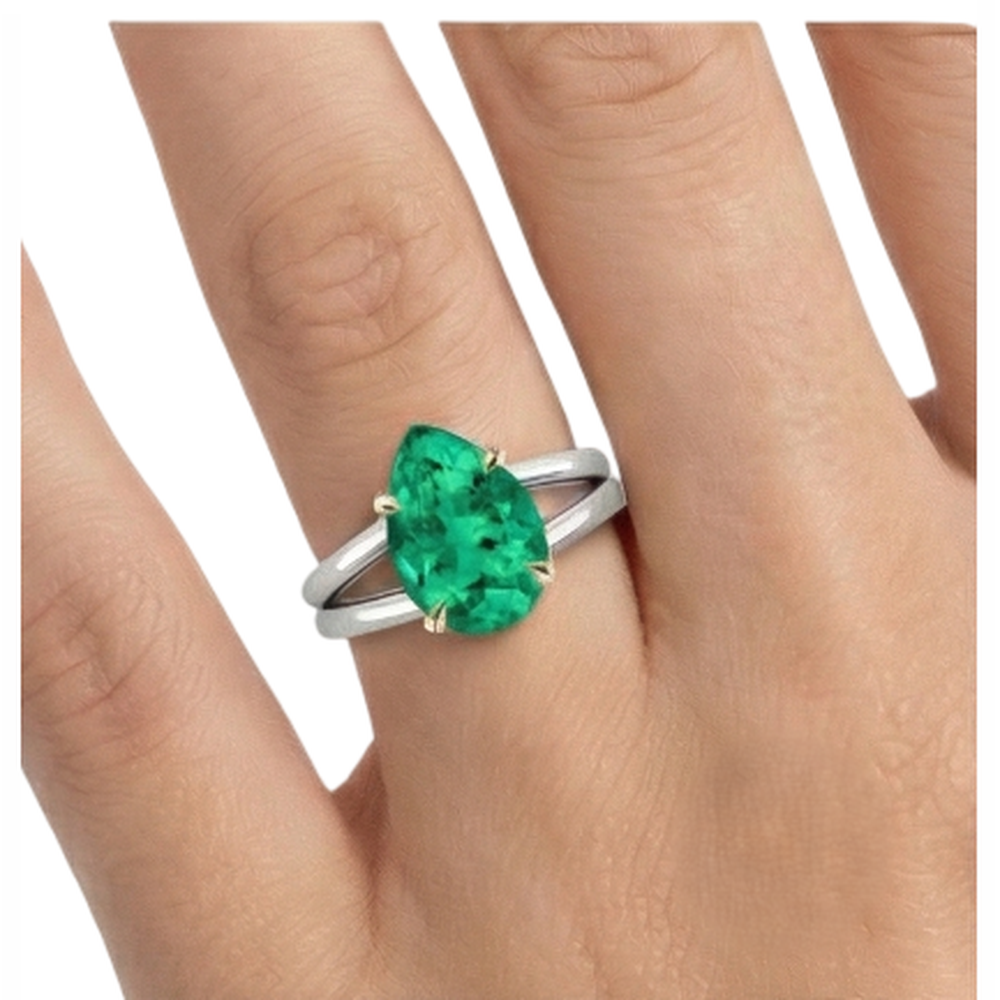 Natural Real ( Not Lab Grown ) Two Tone Gold Women’s Ring Pear Green Emerald GIA