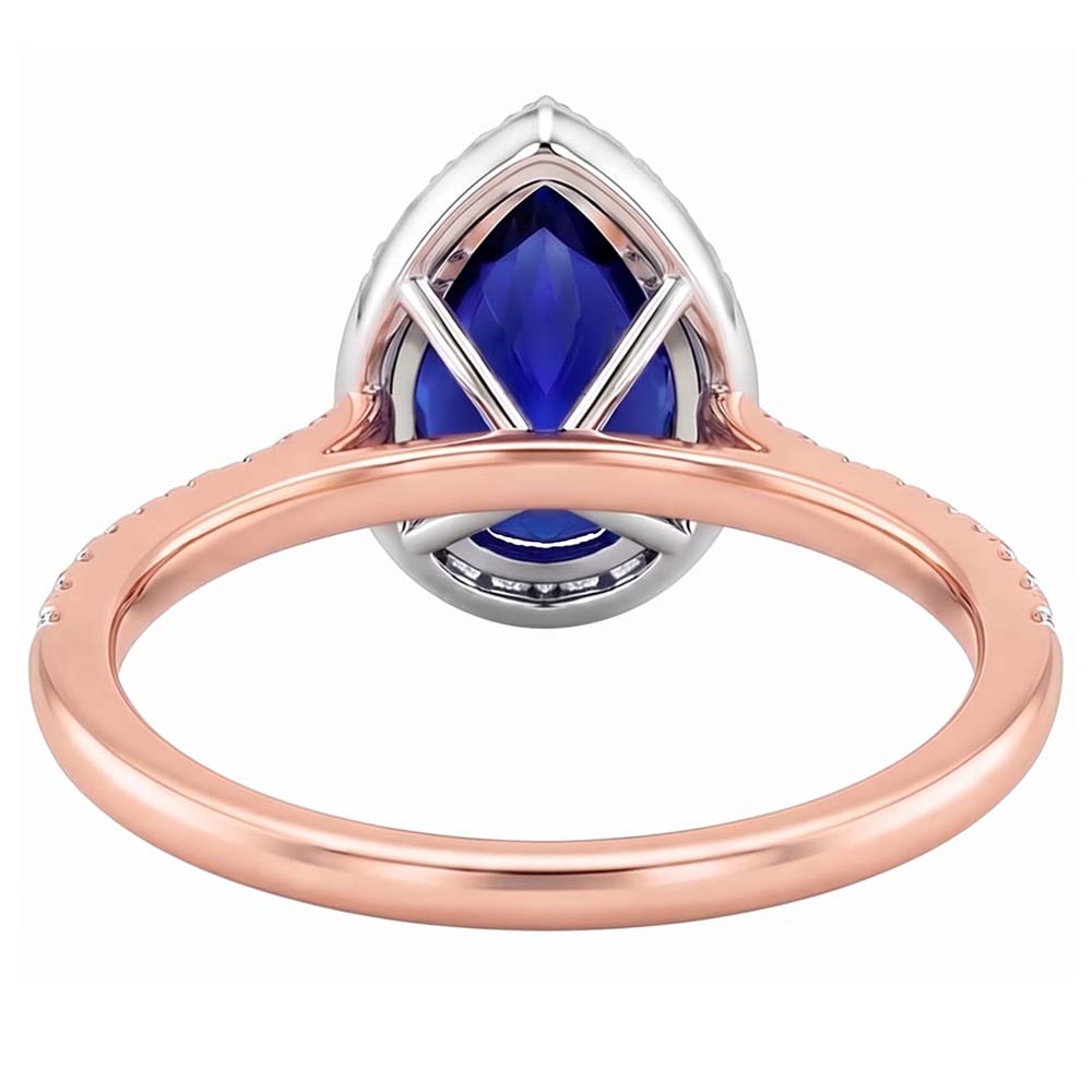 Two Tone Halo Ring Pear Blue Sapphire & Natural Earth Mined Diamonds 4 Carats Jewelry