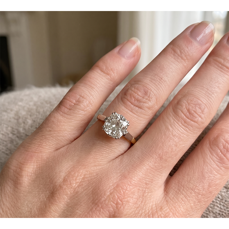 Two Tone Solitaire Engagement Ring Old Cut Cushion Natural Real Diamond ( Not Lab Grown ) 3 Carats