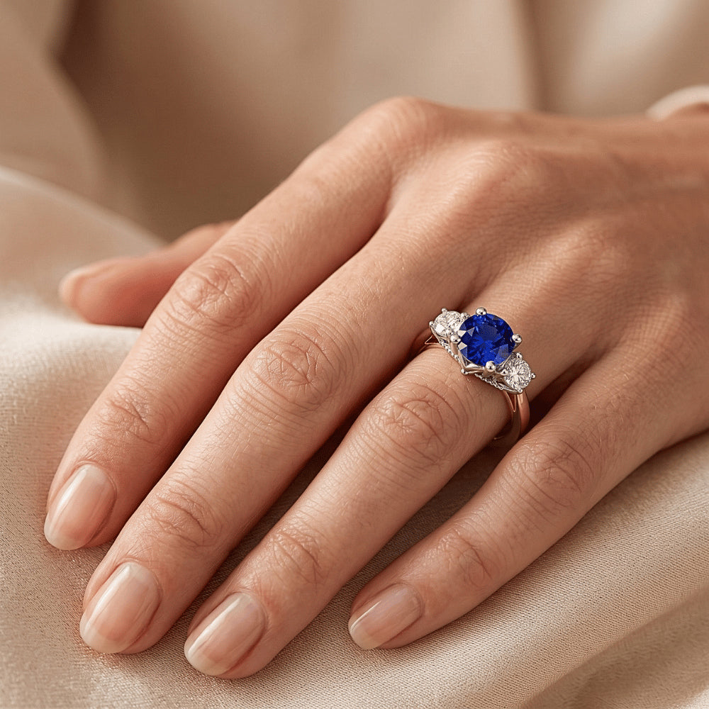 Two Tone Three Stone Round Sapphire Natural Earth Mined Diamond Ring 2.50 Carats